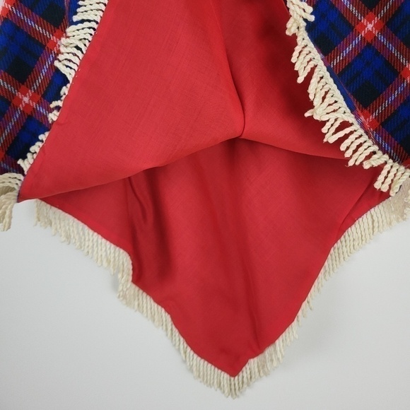 Vintage plaid poncho jacket cape fringe tassels lined warm winter zip-up - Picture 8 of 12